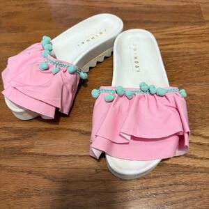 Joshua's Heart in New York Pink Ruffle Pom Pom Platform Slides Sandals Italy